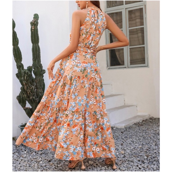 Boho Orange Floral Print Ruffle Maxi Dress Cottagecore - Picture 5 of 5